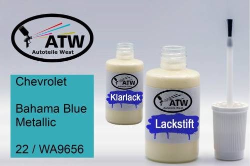 Chevrolet, Bahama Blue Metallic, 22 / WA9656: 20ml Lackstift + 20ml Klarlack - Set, von ATW Autoteile West.